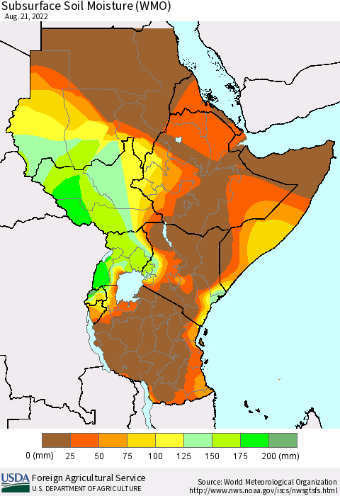 Eastern Africa Subsurface Soil Moisture (WMO) Thematic Map For 8/15/2022 - 8/21/2022