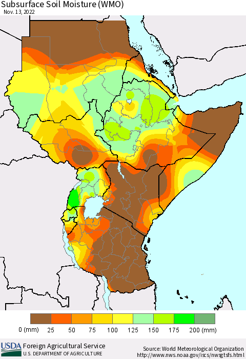 Eastern Africa Subsurface Soil Moisture (WMO) Thematic Map For 11/7/2022 - 11/13/2022
