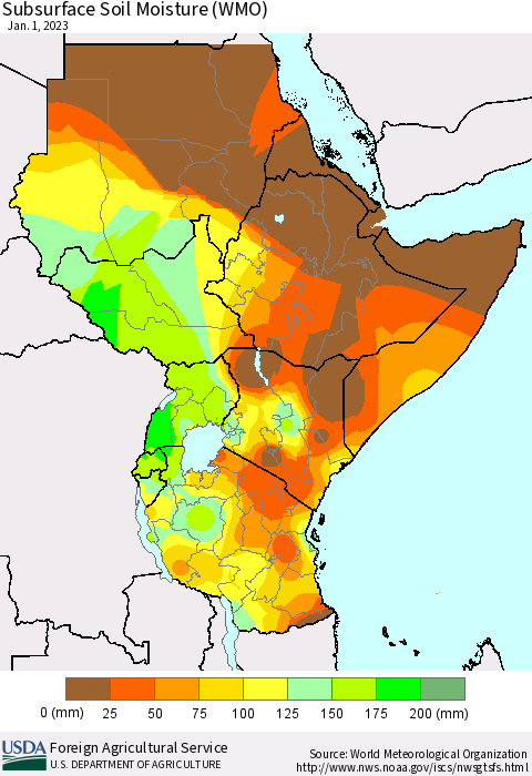 Eastern Africa Subsurface Soil Moisture (WMO) Thematic Map For 12/26/2022 - 1/1/2023