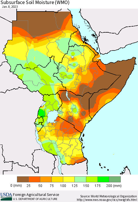 Eastern Africa Subsurface Soil Moisture (WMO) Thematic Map For 1/2/2023 - 1/8/2023