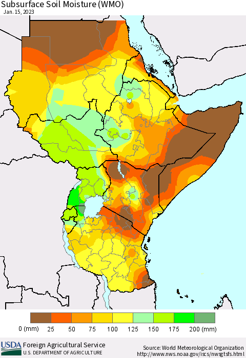 Eastern Africa Subsurface Soil Moisture (WMO) Thematic Map For 1/9/2023 - 1/15/2023