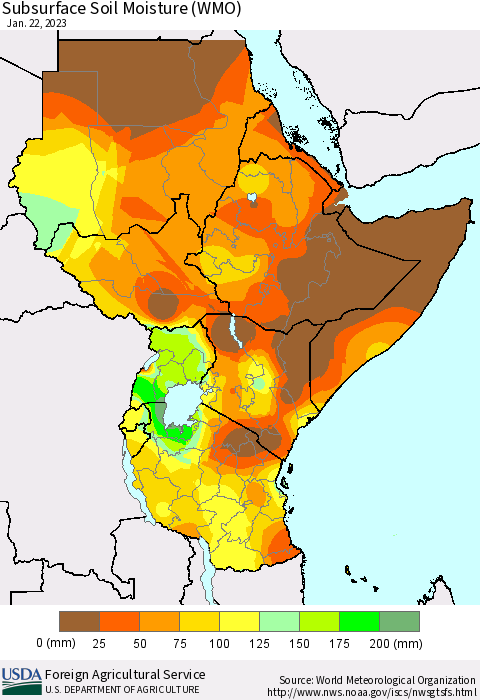Eastern Africa Subsurface Soil Moisture (WMO) Thematic Map For 1/16/2023 - 1/22/2023