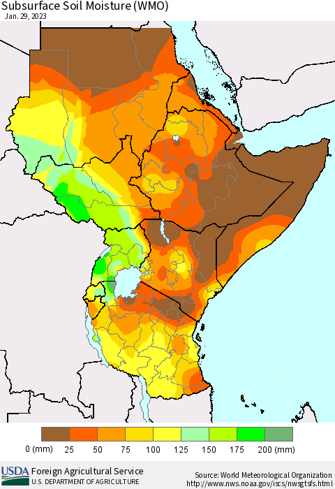 Eastern Africa Subsurface Soil Moisture (WMO) Thematic Map For 1/23/2023 - 1/29/2023