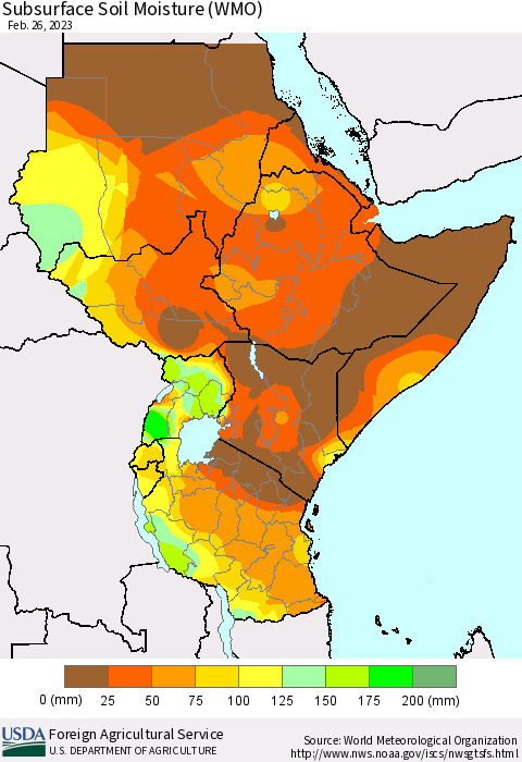 Eastern Africa Subsurface Soil Moisture (WMO) Thematic Map For 2/20/2023 - 2/26/2023