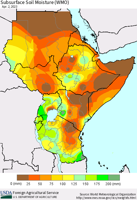 Eastern Africa Subsurface Soil Moisture (WMO) Thematic Map For 3/27/2023 - 4/2/2023