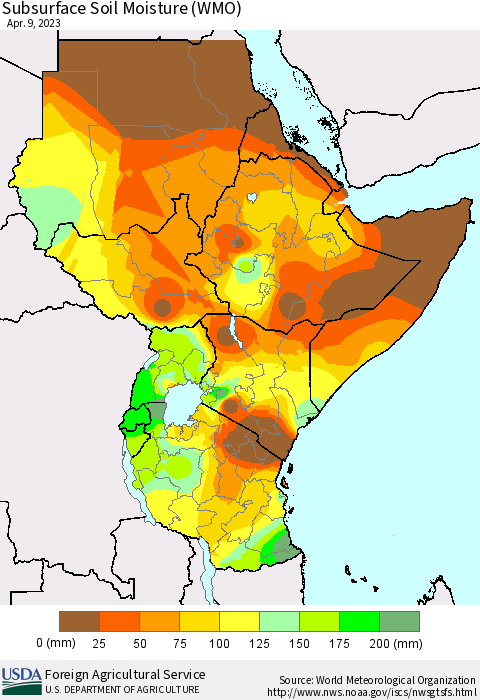 Eastern Africa Subsurface Soil Moisture (WMO) Thematic Map For 4/3/2023 - 4/9/2023