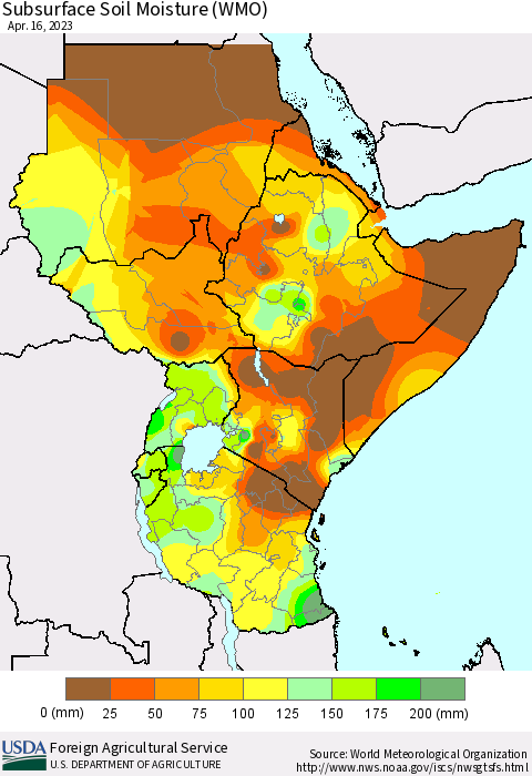 Eastern Africa Subsurface Soil Moisture (WMO) Thematic Map For 4/10/2023 - 4/16/2023