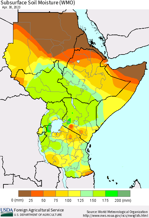 Eastern Africa Subsurface Soil Moisture (WMO) Thematic Map For 4/24/2023 - 4/30/2023