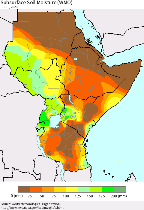 Eastern Africa Subsurface Soil Moisture (WMO) Thematic Map For 7/3/2023 - 7/9/2023