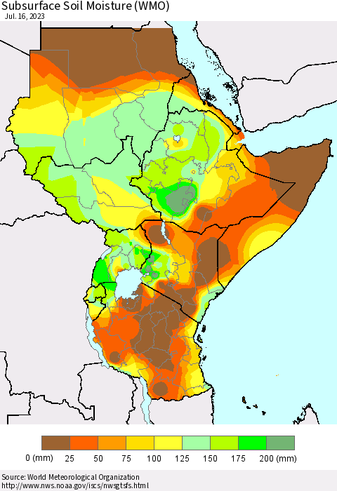 Eastern Africa Subsurface Soil Moisture (WMO) Thematic Map For 7/10/2023 - 7/16/2023