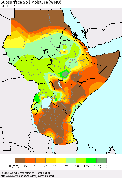 Eastern Africa Subsurface Soil Moisture (WMO) Thematic Map For 7/24/2023 - 7/30/2023