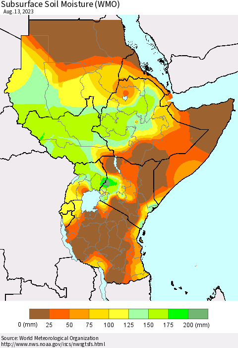 Eastern Africa Subsurface Soil Moisture (WMO) Thematic Map For 8/7/2023 - 8/13/2023