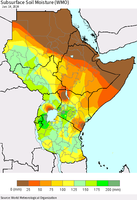 Eastern Africa Subsurface Soil Moisture (WMO) Thematic Map For 1/8/2024 - 1/14/2024