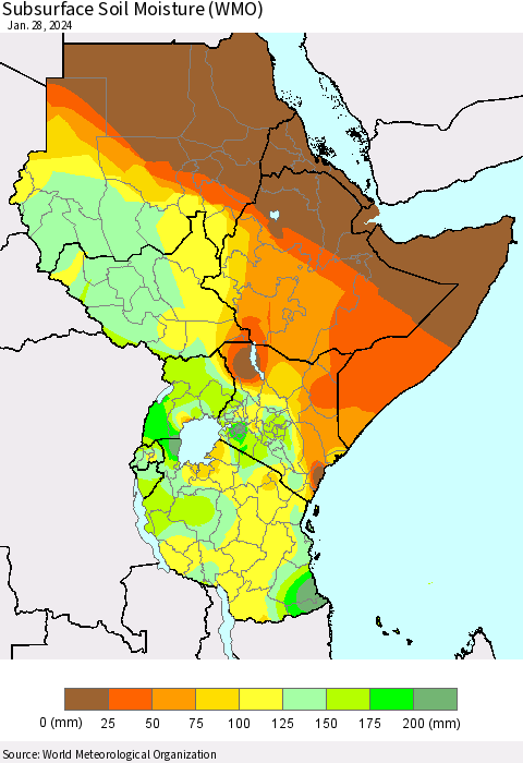 Eastern Africa Subsurface Soil Moisture (WMO) Thematic Map For 1/22/2024 - 1/28/2024