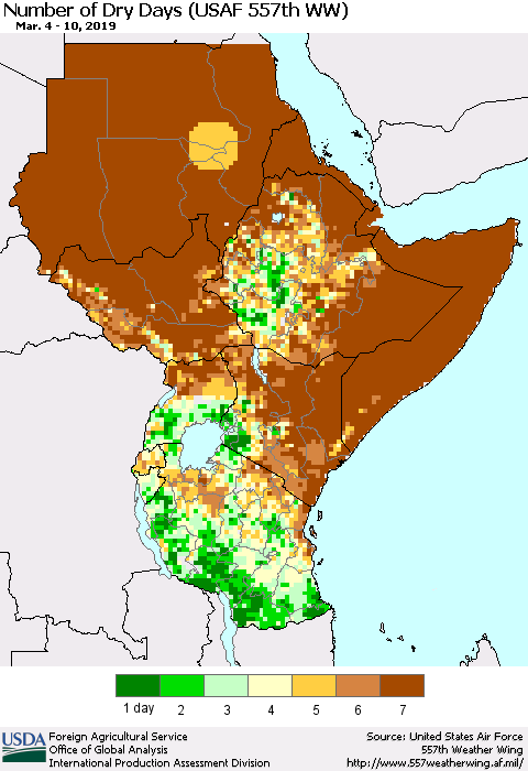 Eastern Africa Number of Dry Days (USAF 557th WW) Thematic Map For 3/4/2019 - 3/10/2019