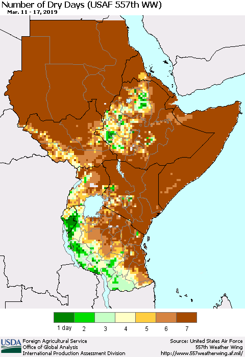 Eastern Africa Number of Dry Days (USAF 557th WW) Thematic Map For 3/11/2019 - 3/17/2019