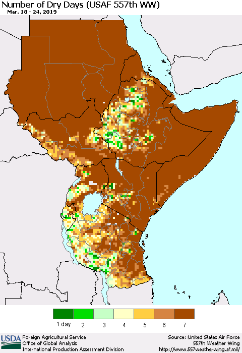 Eastern Africa Number of Dry Days (USAF 557th WW) Thematic Map For 3/18/2019 - 3/24/2019