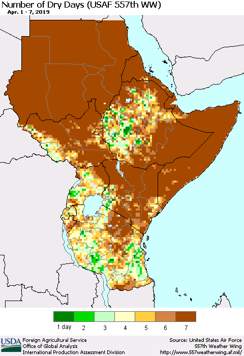 Eastern Africa Number of Dry Days (USAF 557th WW) Thematic Map For 4/1/2019 - 4/7/2019