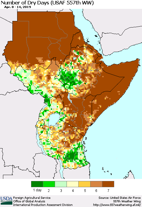 Eastern Africa Number of Dry Days (USAF 557th WW) Thematic Map For 4/8/2019 - 4/14/2019