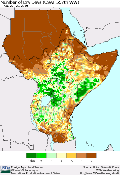 Eastern Africa Number of Dry Days (USAF 557th WW) Thematic Map For 4/22/2019 - 4/28/2019