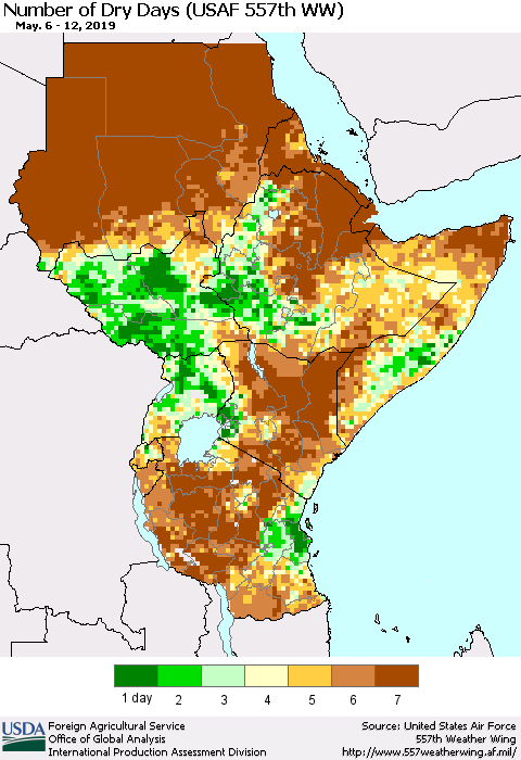 Eastern Africa Number of Dry Days (USAF 557th WW) Thematic Map For 5/6/2019 - 5/12/2019