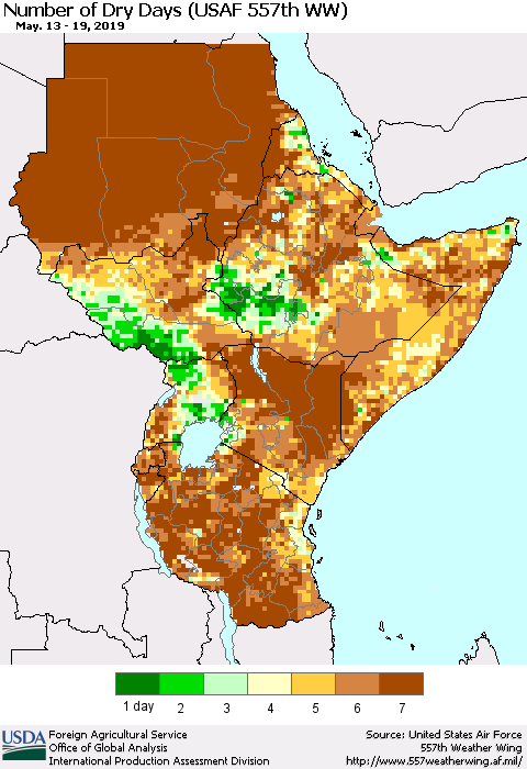 Eastern Africa Number of Dry Days (USAF 557th WW) Thematic Map For 5/13/2019 - 5/19/2019