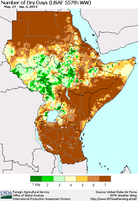 Eastern Africa Number of Dry Days (USAF 557th WW) Thematic Map For 5/27/2019 - 6/2/2019