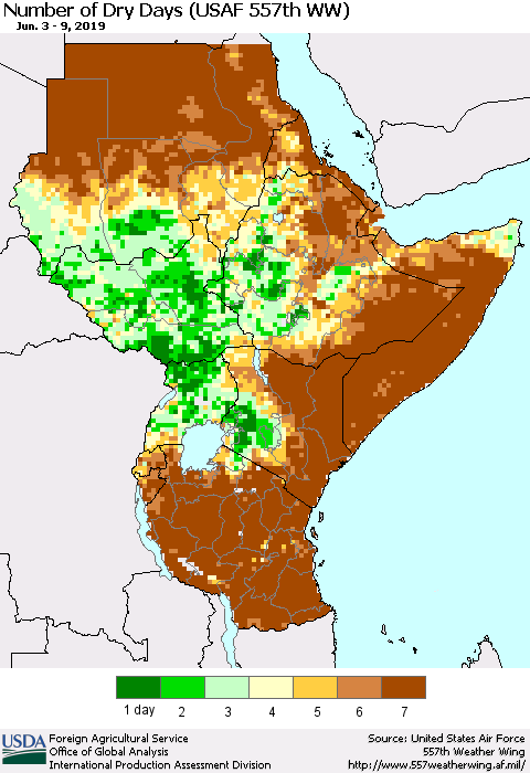 Eastern Africa Number of Dry Days (USAF 557th WW) Thematic Map For 6/3/2019 - 6/9/2019