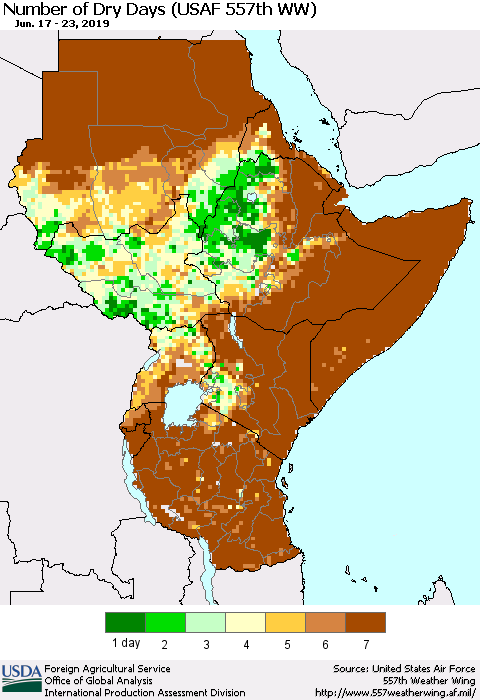 Eastern Africa Number of Dry Days (USAF 557th WW) Thematic Map For 6/17/2019 - 6/23/2019