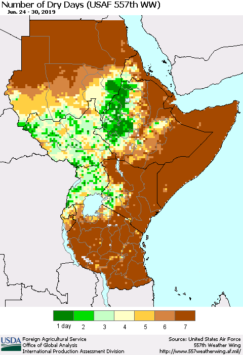 Eastern Africa Number of Dry Days (USAF 557th WW) Thematic Map For 6/24/2019 - 6/30/2019