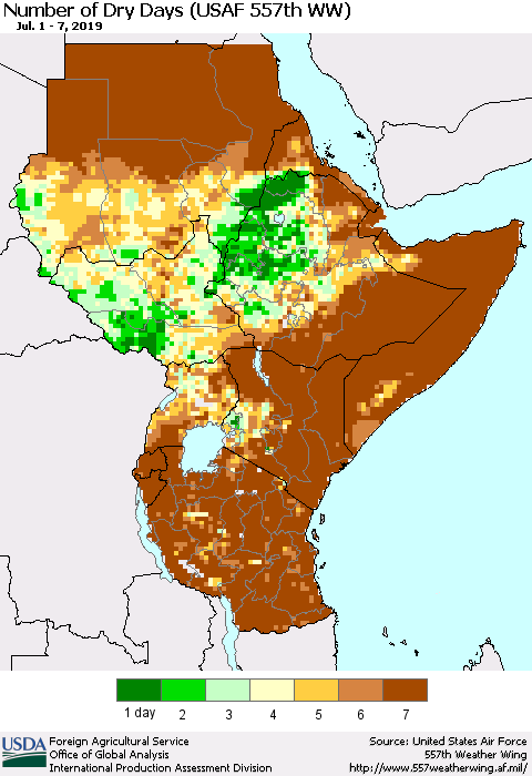 Eastern Africa Number of Dry Days (USAF 557th WW) Thematic Map For 7/1/2019 - 7/7/2019