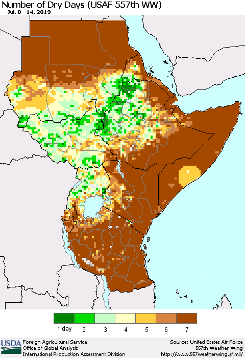 Eastern Africa Number of Dry Days (USAF 557th WW) Thematic Map For 7/8/2019 - 7/14/2019