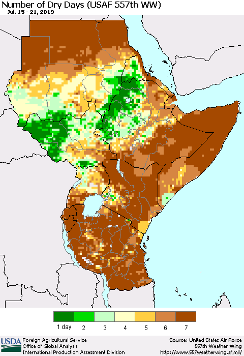 Eastern Africa Number of Dry Days (USAF 557th WW) Thematic Map For 7/15/2019 - 7/21/2019