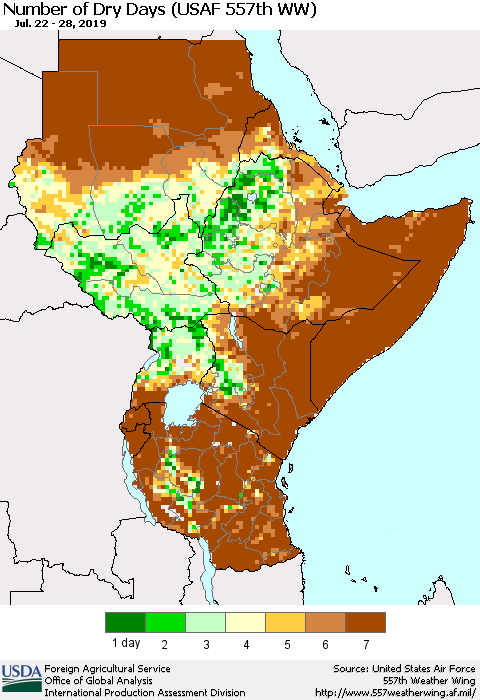 Eastern Africa Number of Dry Days (USAF 557th WW) Thematic Map For 7/22/2019 - 7/28/2019