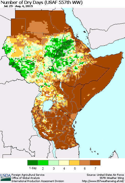 Eastern Africa Number of Dry Days (USAF 557th WW) Thematic Map For 7/29/2019 - 8/4/2019