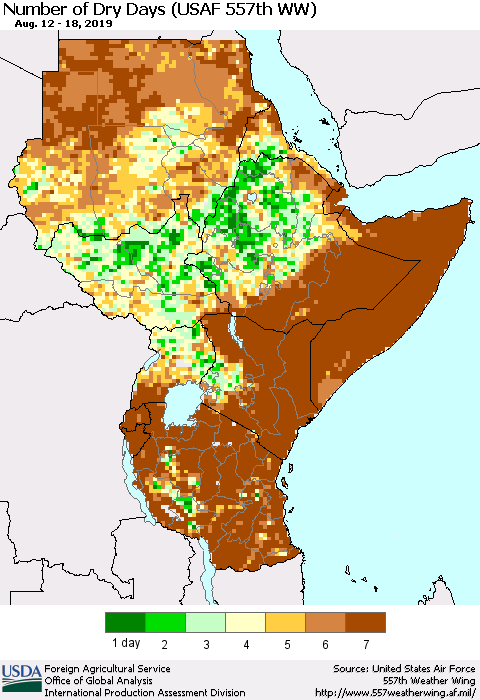 Eastern Africa Number of Dry Days (USAF 557th WW) Thematic Map For 8/12/2019 - 8/18/2019