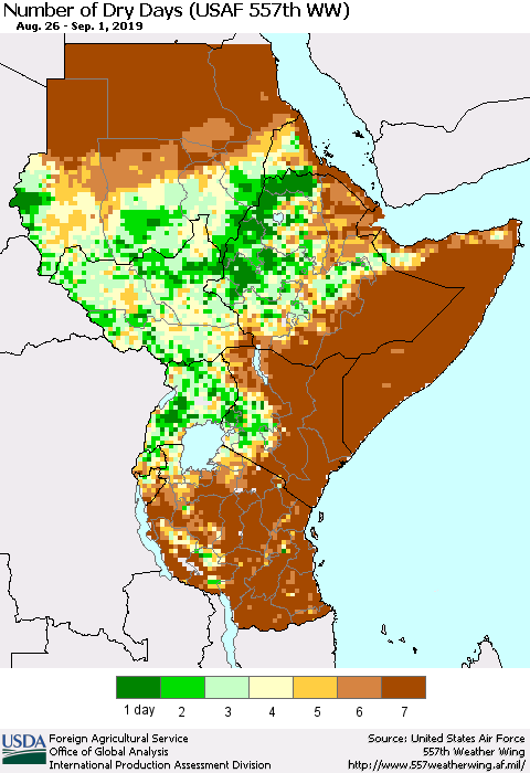 Eastern Africa Number of Dry Days (USAF 557th WW) Thematic Map For 8/26/2019 - 9/1/2019