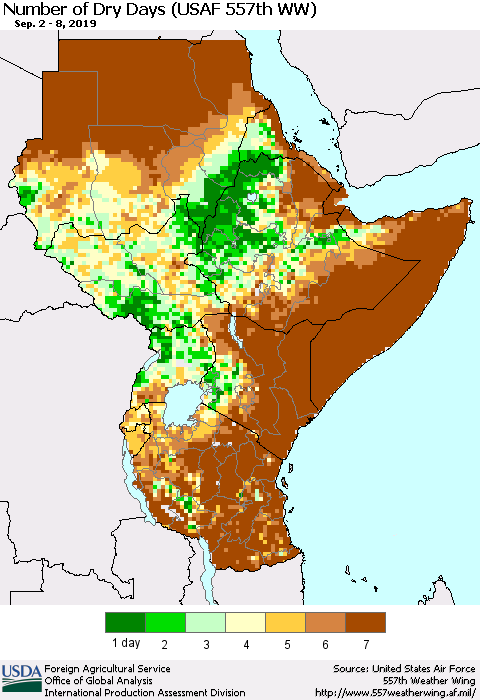 Eastern Africa Number of Dry Days (USAF 557th WW) Thematic Map For 9/2/2019 - 9/8/2019
