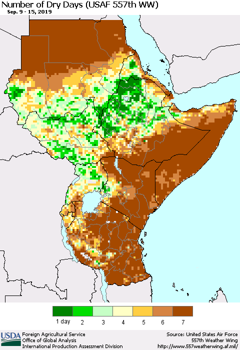 Eastern Africa Number of Dry Days (USAF 557th WW) Thematic Map For 9/9/2019 - 9/15/2019