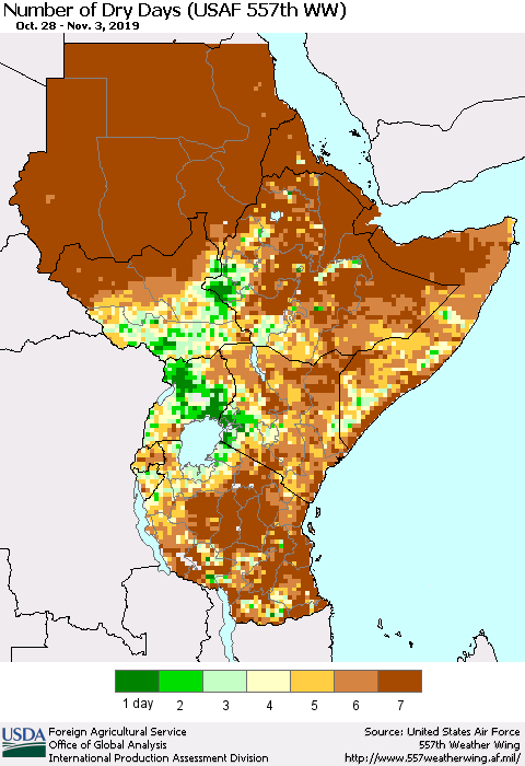 Eastern Africa Number of Dry Days (USAF 557th WW) Thematic Map For 10/28/2019 - 11/3/2019