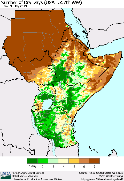 Eastern Africa Number of Dry Days (USAF 557th WW) Thematic Map For 12/9/2019 - 12/15/2019