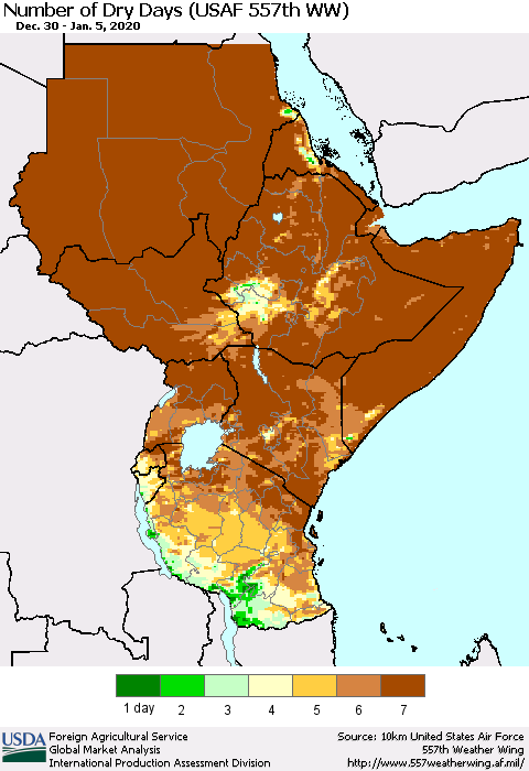 Eastern Africa Number of Dry Days (USAF 557th WW) Thematic Map For 12/30/2019 - 1/5/2020