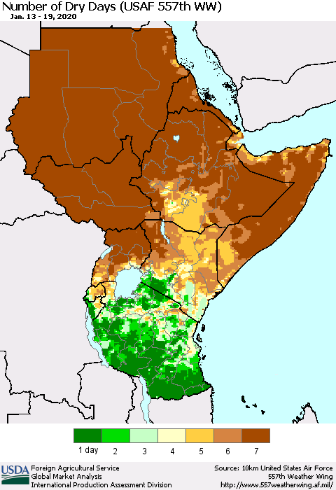 Eastern Africa Number of Dry Days (USAF 557th WW) Thematic Map For 1/13/2020 - 1/19/2020