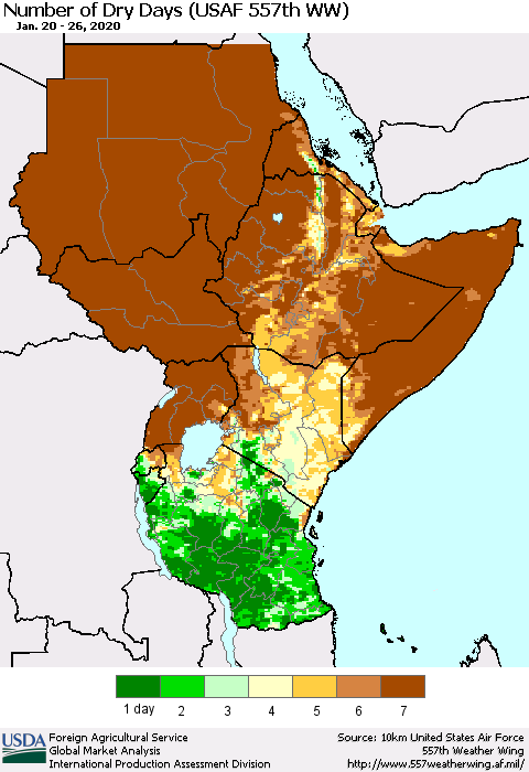 Eastern Africa Number of Dry Days (USAF 557th WW) Thematic Map For 1/20/2020 - 1/26/2020