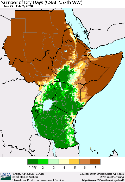 Eastern Africa Number of Dry Days (USAF 557th WW) Thematic Map For 1/27/2020 - 2/2/2020