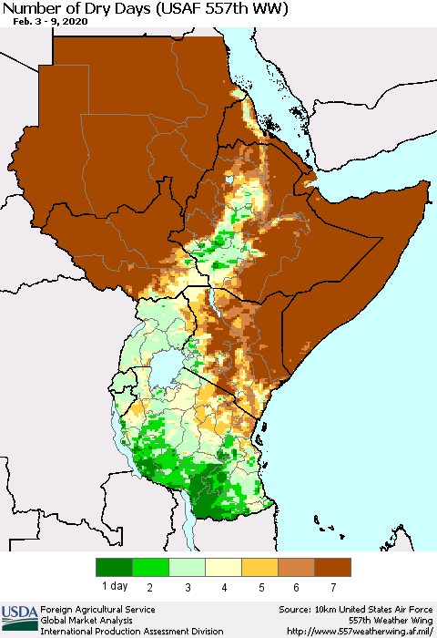Eastern Africa Number of Dry Days (USAF 557th WW) Thematic Map For 2/3/2020 - 2/9/2020