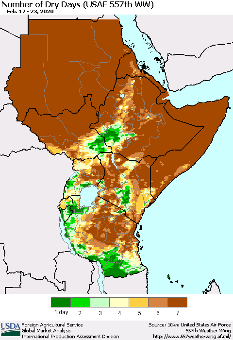 Eastern Africa Number of Dry Days (USAF 557th WW) Thematic Map For 2/17/2020 - 2/23/2020