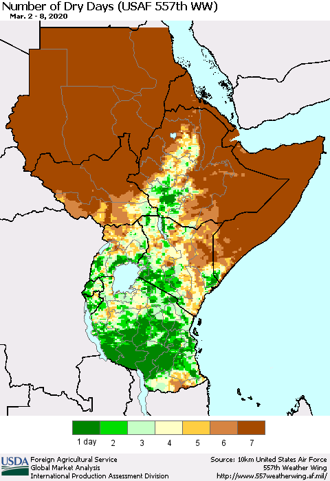 Eastern Africa Number of Dry Days (USAF 557th WW) Thematic Map For 3/2/2020 - 3/8/2020