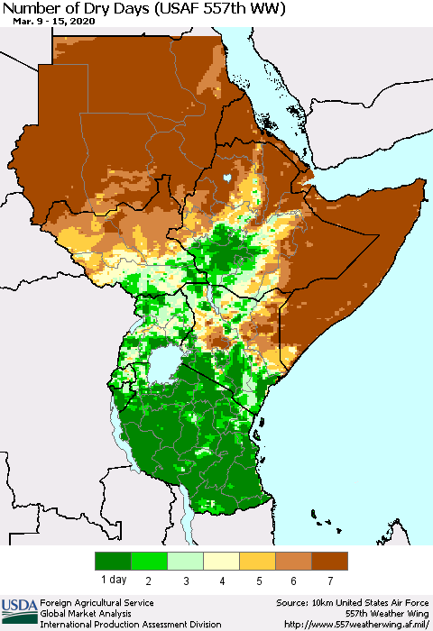 Eastern Africa Number of Dry Days (USAF 557th WW) Thematic Map For 3/9/2020 - 3/15/2020