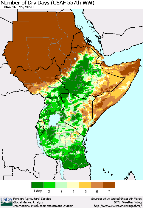 Eastern Africa Number of Dry Days (USAF 557th WW) Thematic Map For 3/16/2020 - 3/22/2020